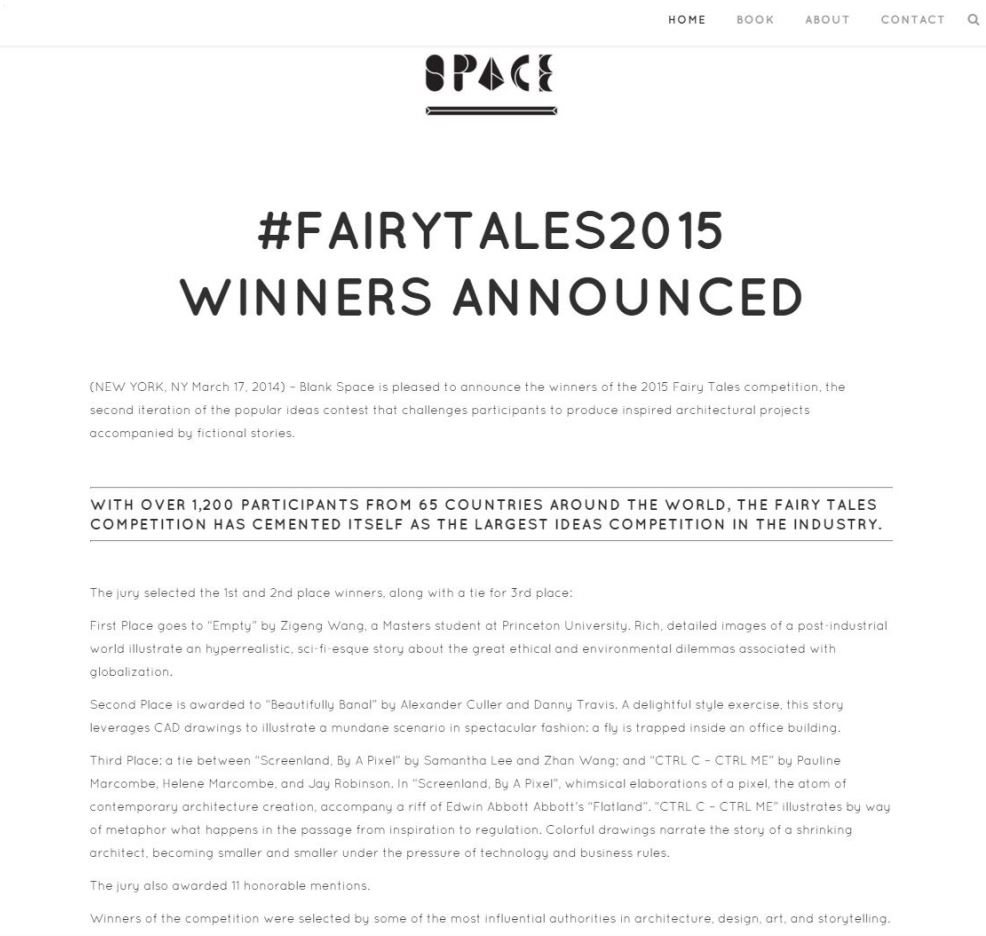 Zigeng Wang's Work “EMPTY” Won the First Prize in the 2015 FAIRYTALES International Architecture Competition